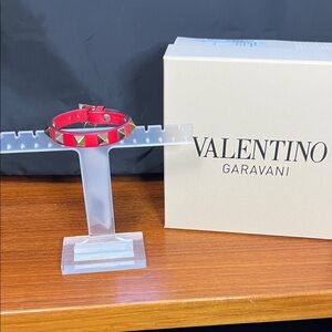 Valentino Garavani Red Leather Bracelet with Gold Studs